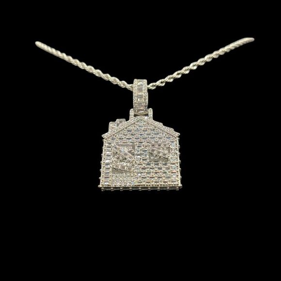 14K White Gold Finish Baguette CZ Trap House - Free 24" x 3mm Rope Chain. - Picture 4 of 9